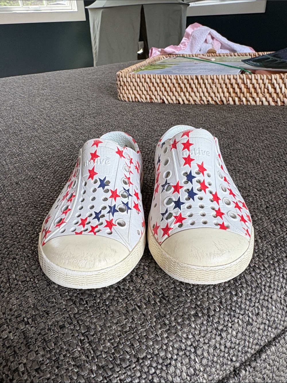 Native Kids Slip-On Sneakers in White with Red & Blue Stars